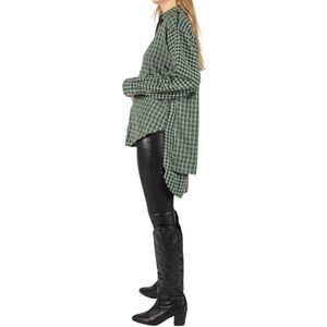 Women's Small Hi-Low Teal Green Frayed Hem Cotton Casual Button Up Tunic Top